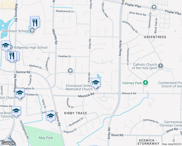 map of restaurants, bars, coffee shops, grocery stores, and more near 2288 Kirby Road in Memphis