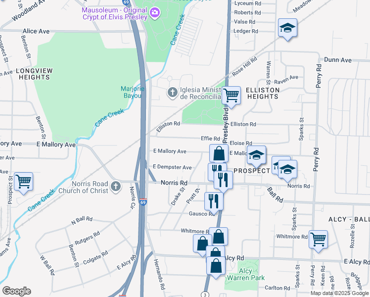 map of restaurants, bars, coffee shops, grocery stores, and more near 1211 Effie Road in Memphis