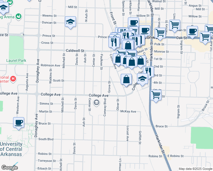 map of restaurants, bars, coffee shops, grocery stores, and more near 1460 Scott Street in Conway