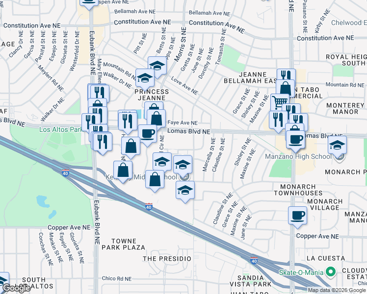 map of restaurants, bars, coffee shops, grocery stores, and more near 11300 Lomas Boulevard Northeast in Albuquerque