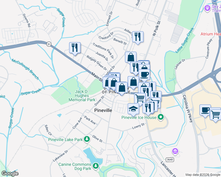 map of restaurants, bars, coffee shops, grocery stores, and more near Dover Street in Pineville