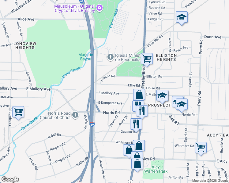 map of restaurants, bars, coffee shops, grocery stores, and more near 1216 East Mallory Avenue in Memphis
