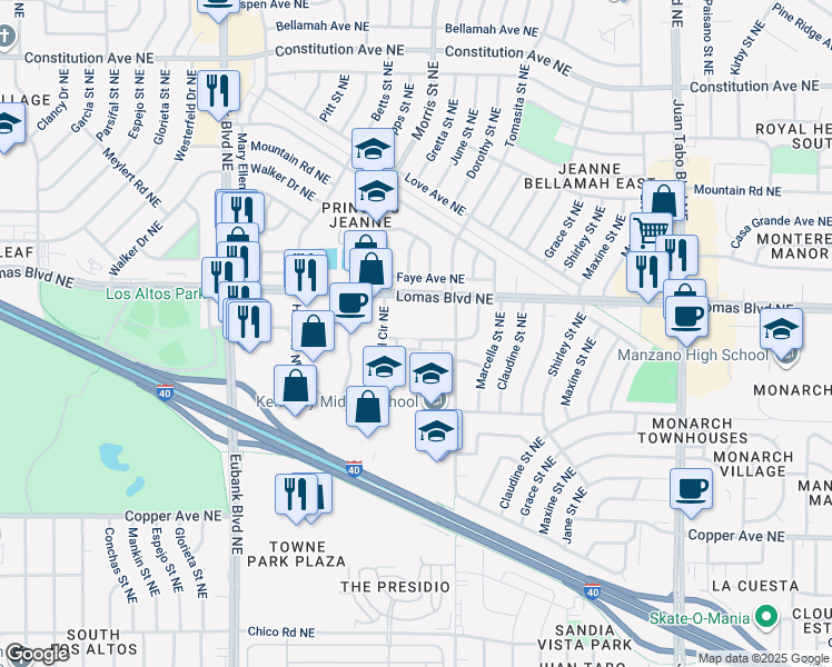 map of restaurants, bars, coffee shops, grocery stores, and more near 11296 Lomas Boulevard Northeast in Albuquerque