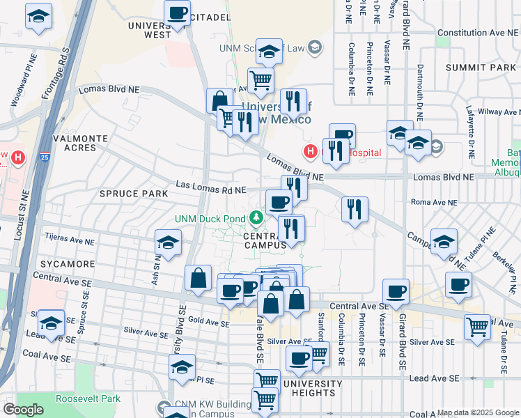 map of restaurants, bars, coffee shops, grocery stores, and more near 401 Yale Boulevard Northeast in Albuquerque