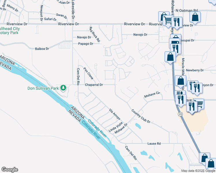map of restaurants, bars, coffee shops, grocery stores, and more near 1172 Chaparral Drive in Bullhead City