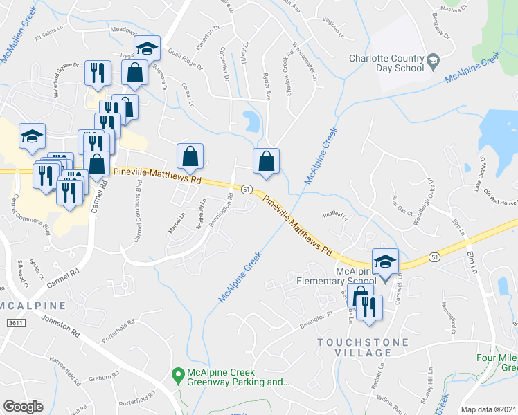 map of restaurants, bars, coffee shops, grocery stores, and more near 6625 Cow Hollow Drive in Charlotte