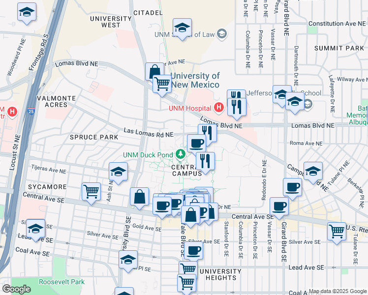 map of restaurants, bars, coffee shops, grocery stores, and more near Roma Ave NE & Yale Blvd in Albuquerque