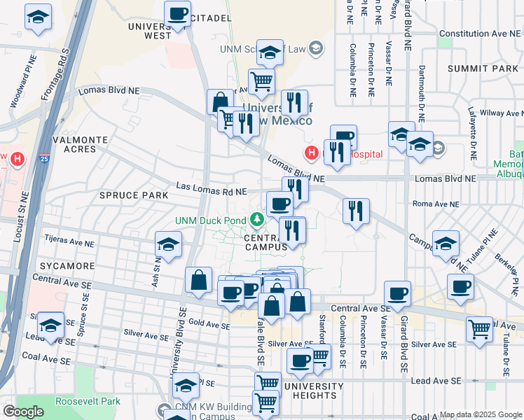map of restaurants, bars, coffee shops, grocery stores, and more near Roma Ave NE & Yale Blvd in Albuquerque