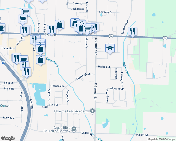 map of restaurants, bars, coffee shops, grocery stores, and more near 540 Milam Drive in Conway