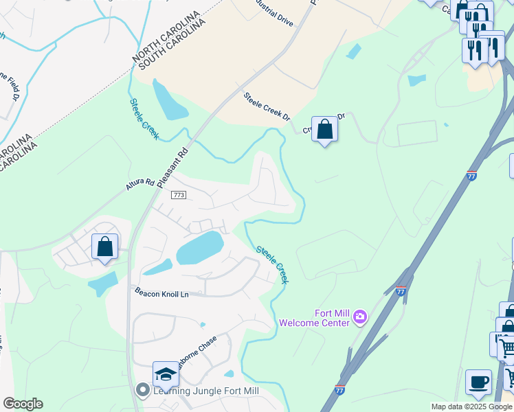 map of restaurants, bars, coffee shops, grocery stores, and more near 424 Sheltered Cove Court in Fort Mill