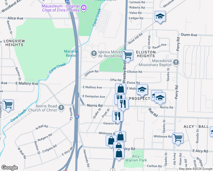 map of restaurants, bars, coffee shops, grocery stores, and more near 1261 Effie Road in Memphis