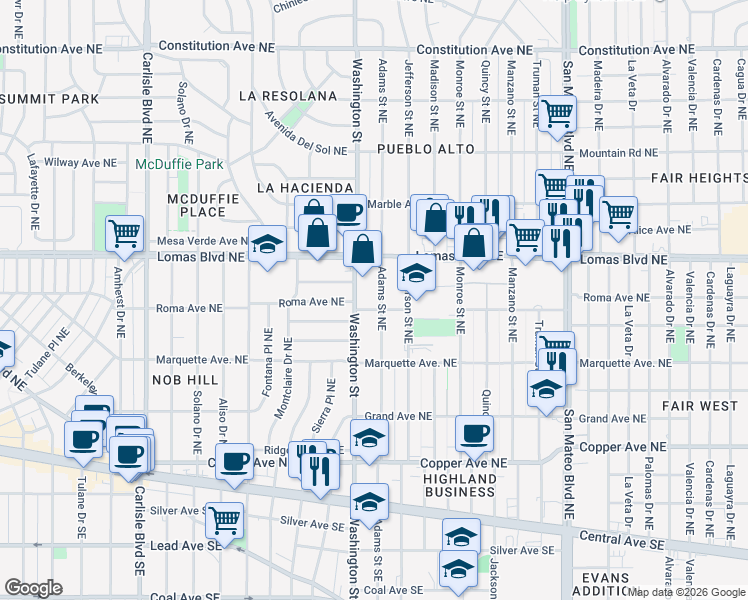 map of restaurants, bars, coffee shops, grocery stores, and more near 521 Adams Street Northeast in Albuquerque
