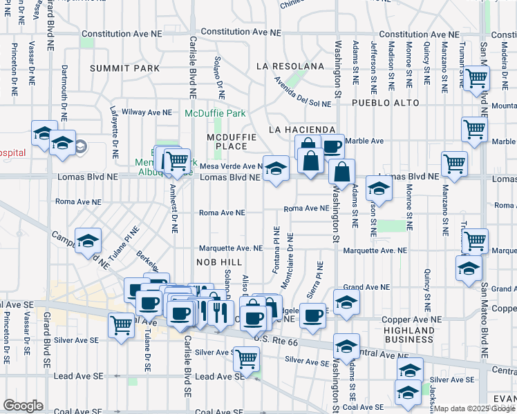 map of restaurants, bars, coffee shops, grocery stores, and more near 522 Aliso Drive Northeast in Albuquerque