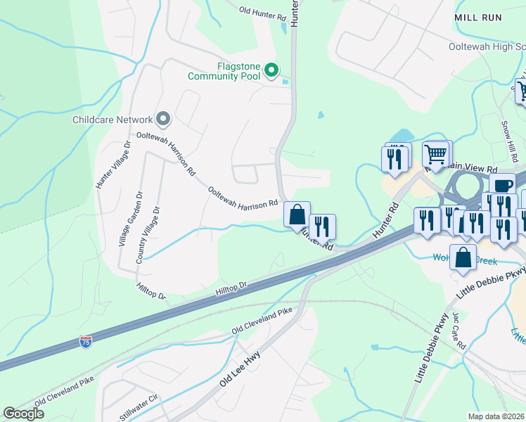 map of restaurants, bars, coffee shops, grocery stores, and more near 5309 Hunter Road in Ooltewah