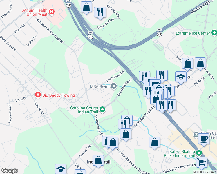 map of restaurants, bars, coffee shops, grocery stores, and more near 5100 Smith Farm Road in Matthews