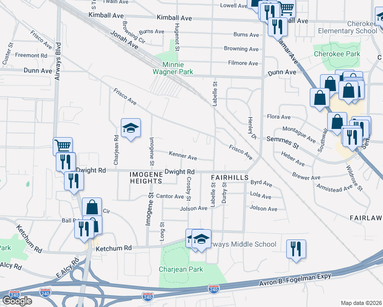 map of restaurants, bars, coffee shops, grocery stores, and more near 2601 Frisco Avenue in Memphis