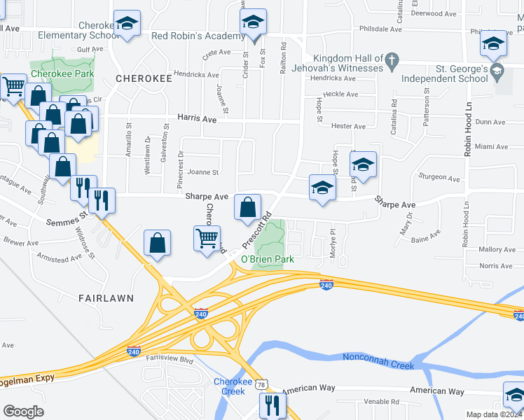 map of restaurants, bars, coffee shops, grocery stores, and more near 1681 Prescott Street in Memphis