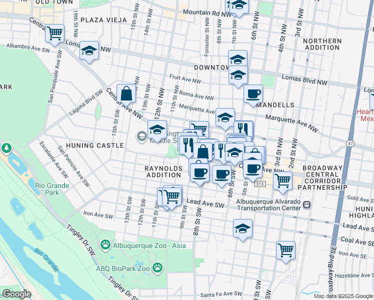 map of restaurants, bars, coffee shops, grocery stores, and more near 903 Copper Avenue Northwest in Albuquerque