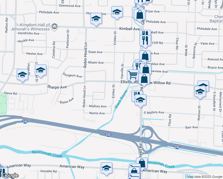 map of restaurants, bars, coffee shops, grocery stores, and more near 3815 Elliston Road in Memphis