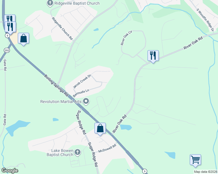 map of restaurants, bars, coffee shops, grocery stores, and more near 434 Sunburst Lane in Inman