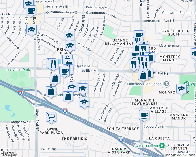 map of restaurants, bars, coffee shops, grocery stores, and more near 841 Marcella Street Northeast in Albuquerque