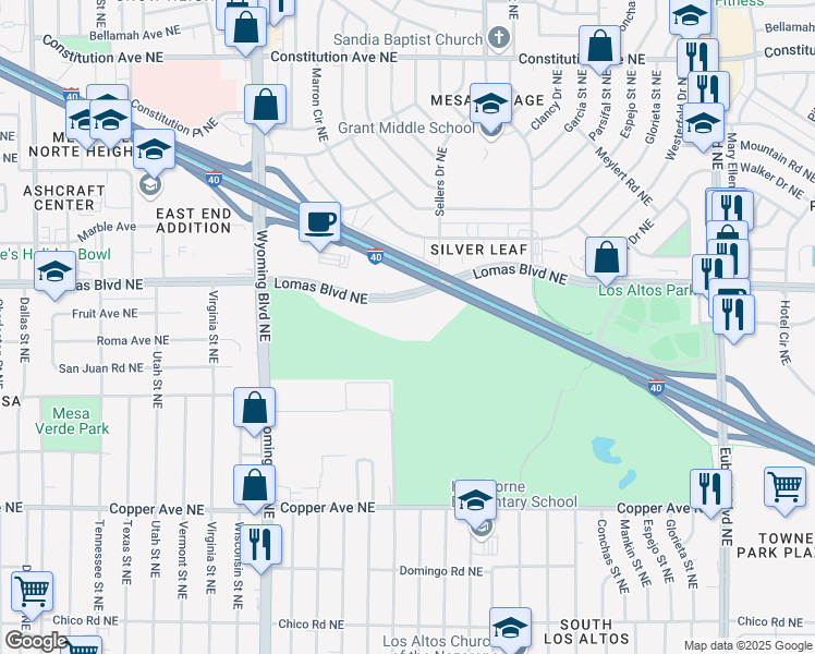 map of restaurants, bars, coffee shops, grocery stores, and more near 8920 Lomas Boulevard Northeast in Albuquerque