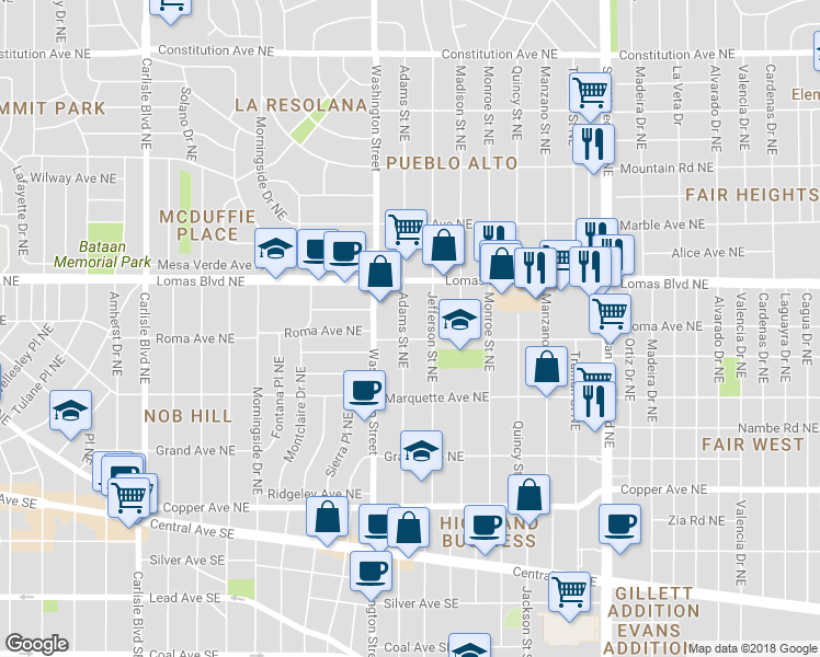 map of restaurants, bars, coffee shops, grocery stores, and more near 521 Adams Street Northeast in Albuquerque