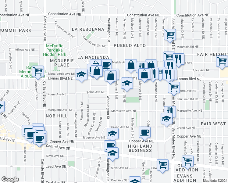 map of restaurants, bars, coffee shops, grocery stores, and more near 521 Adams Street Northeast in Albuquerque