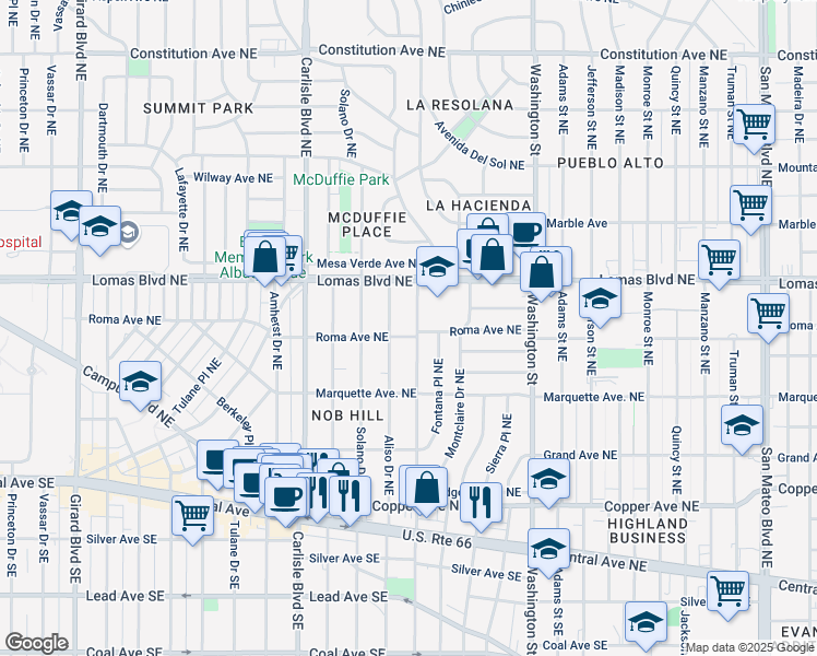 map of restaurants, bars, coffee shops, grocery stores, and more near 522 Aliso Drive Northeast in Albuquerque