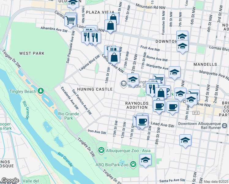 map of restaurants, bars, coffee shops, grocery stores, and more near 223 14th Street Southwest in Albuquerque