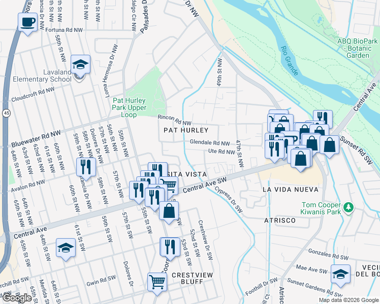 map of restaurants, bars, coffee shops, grocery stores, and more near 5016 Glendale Road Northwest in Albuquerque