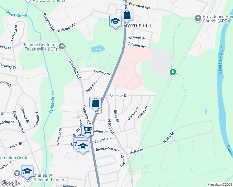 map of restaurants, bars, coffee shops, grocery stores, and more near 201 Sherman Drive in Fayetteville