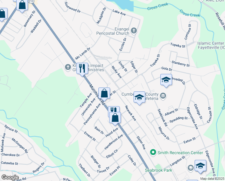 map of restaurants, bars, coffee shops, grocery stores, and more near 2206 Greensboro Street in Fayetteville