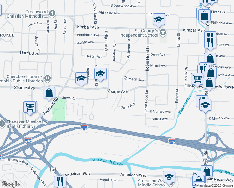 map of restaurants, bars, coffee shops, grocery stores, and more near 1641 Mary Drive in Memphis