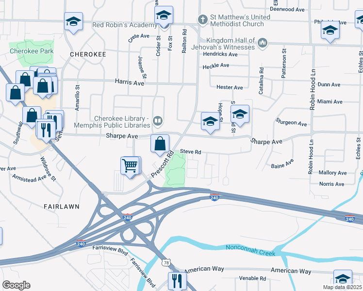 map of restaurants, bars, coffee shops, grocery stores, and more near 1654 Prescott Road in Memphis