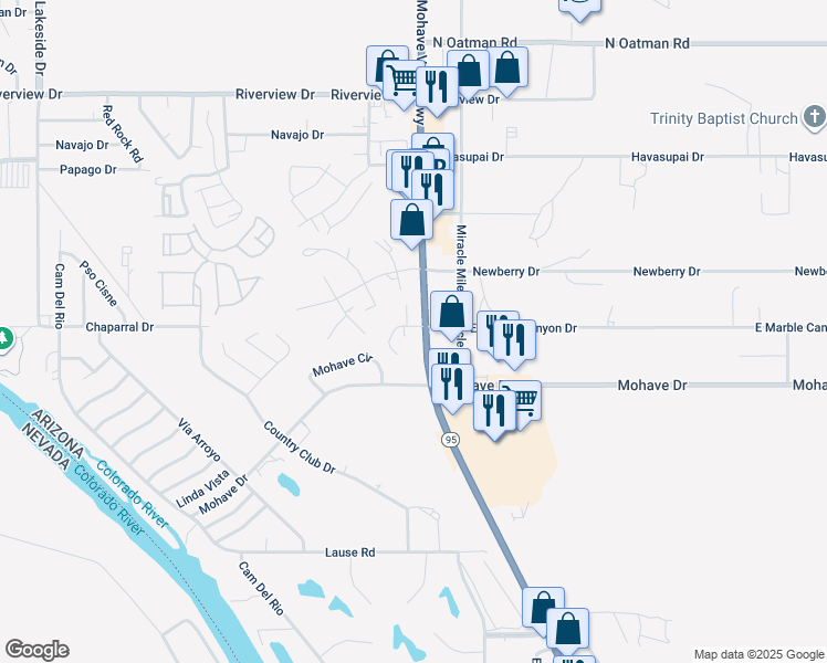 map of restaurants, bars, coffee shops, grocery stores, and more near 2751 Highway 95 in Bullhead City