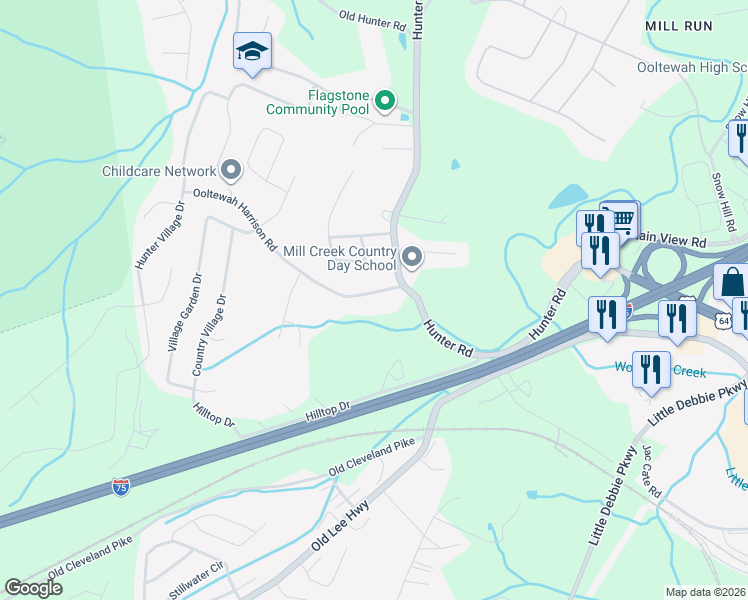 map of restaurants, bars, coffee shops, grocery stores, and more near 5309 Hunter Road in Ooltewah