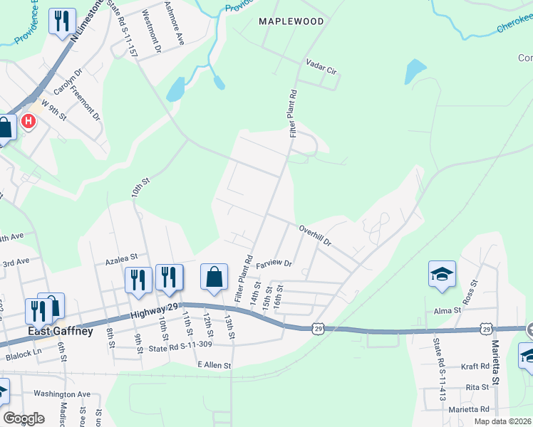 map of restaurants, bars, coffee shops, grocery stores, and more near S-11 in Gaffney