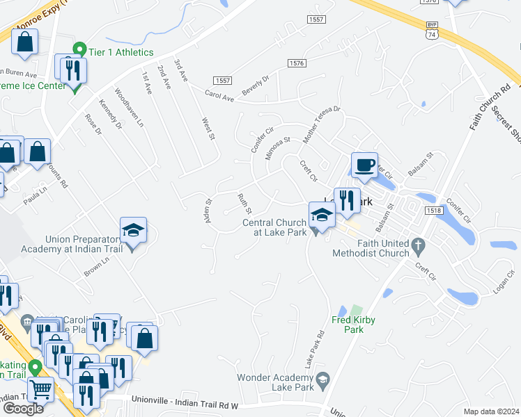 map of restaurants, bars, coffee shops, grocery stores, and more near 3604 Alden Street in Indian Trail
