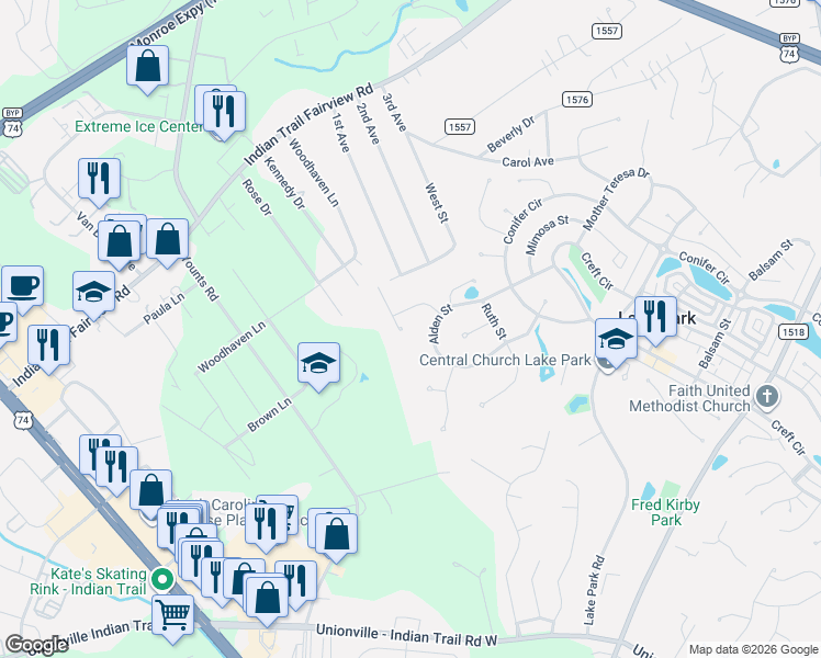 map of restaurants, bars, coffee shops, grocery stores, and more near 6609 Truman Street in Indian Trail