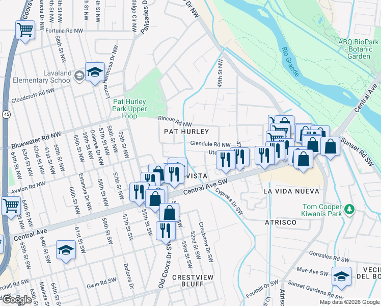map of restaurants, bars, coffee shops, grocery stores, and more near 5016 Glendale Road Northwest in Albuquerque