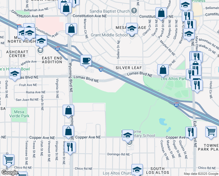 map of restaurants, bars, coffee shops, grocery stores, and more near 8920 Lomas Boulevard Northeast in Albuquerque