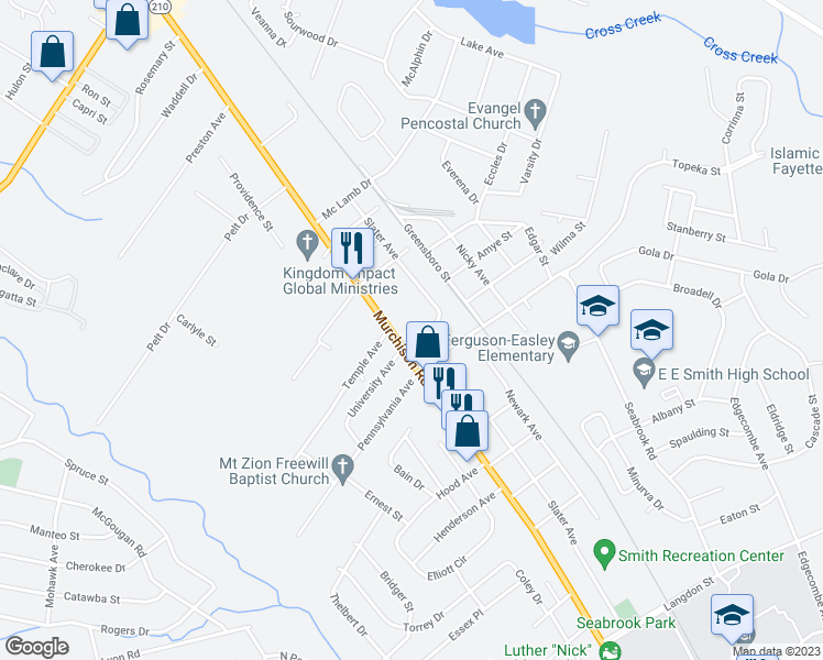 map of restaurants, bars, coffee shops, grocery stores, and more near 115 Enoch Street in Fayetteville