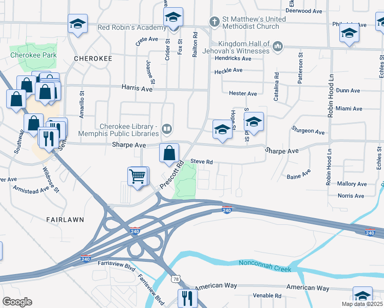 map of restaurants, bars, coffee shops, grocery stores, and more near 1654 Prescott Road in Memphis