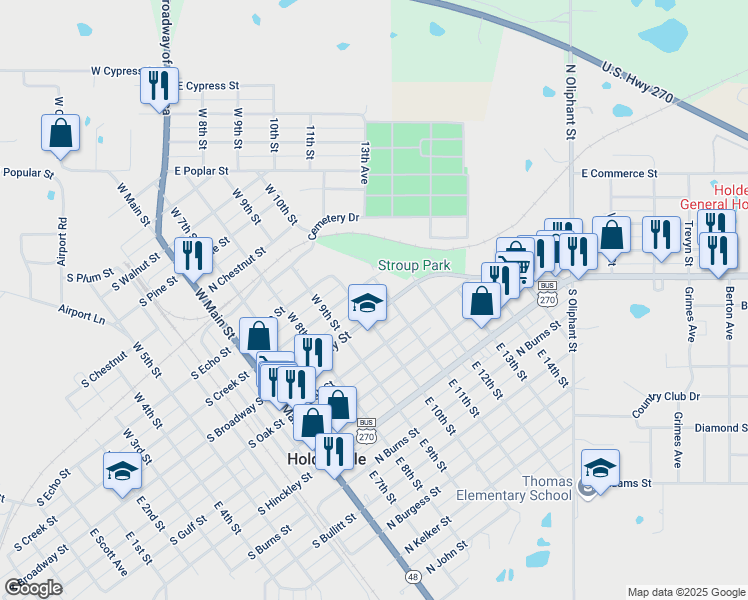 map of restaurants, bars, coffee shops, grocery stores, and more near 124 West 11th Street in Holdenville