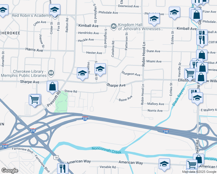map of restaurants, bars, coffee shops, grocery stores, and more near 3550 Sharpe Avenue in Memphis