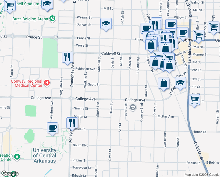 map of restaurants, bars, coffee shops, grocery stores, and more near 1722 Scott Street in Conway