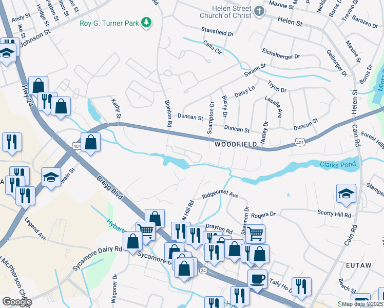 map of restaurants, bars, coffee shops, grocery stores, and more near 3374 Galleria Drive in Fayetteville