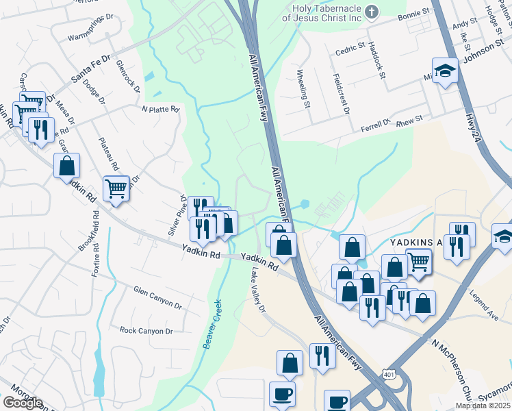 map of restaurants, bars, coffee shops, grocery stores, and more near 5008 Lake Valley Drive in Fayetteville