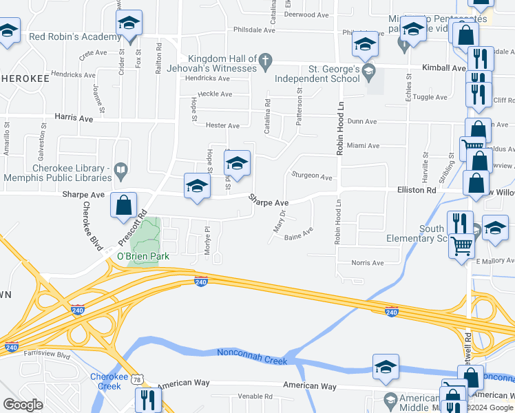 map of restaurants, bars, coffee shops, grocery stores, and more near 3549 Sharpe Avenue in Memphis